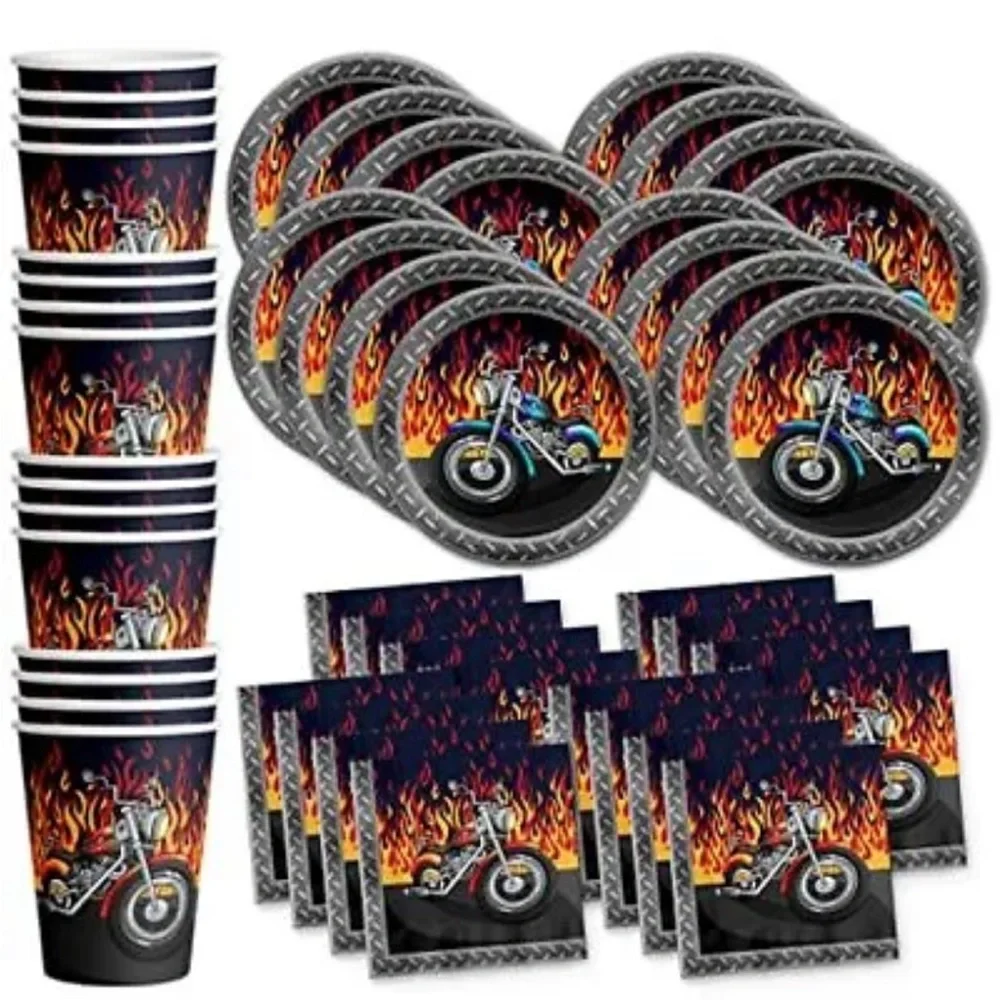 Motorcycle Biker Birthday Party Supplies Set Plates Napkins Cups Tableware Kit